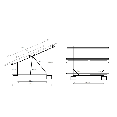 Komplet elementów do wykonania samodzielnie stelaża  na grunt na 4 panele o grubości 35mm w pionie układ 2x2, szer. paneli max 114 cm, wys. max 195cm